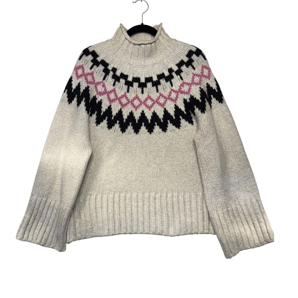 Sanctuary Womens Fair Isle Mock Neck Sweater Size M Cream Black Pink Cottgecore